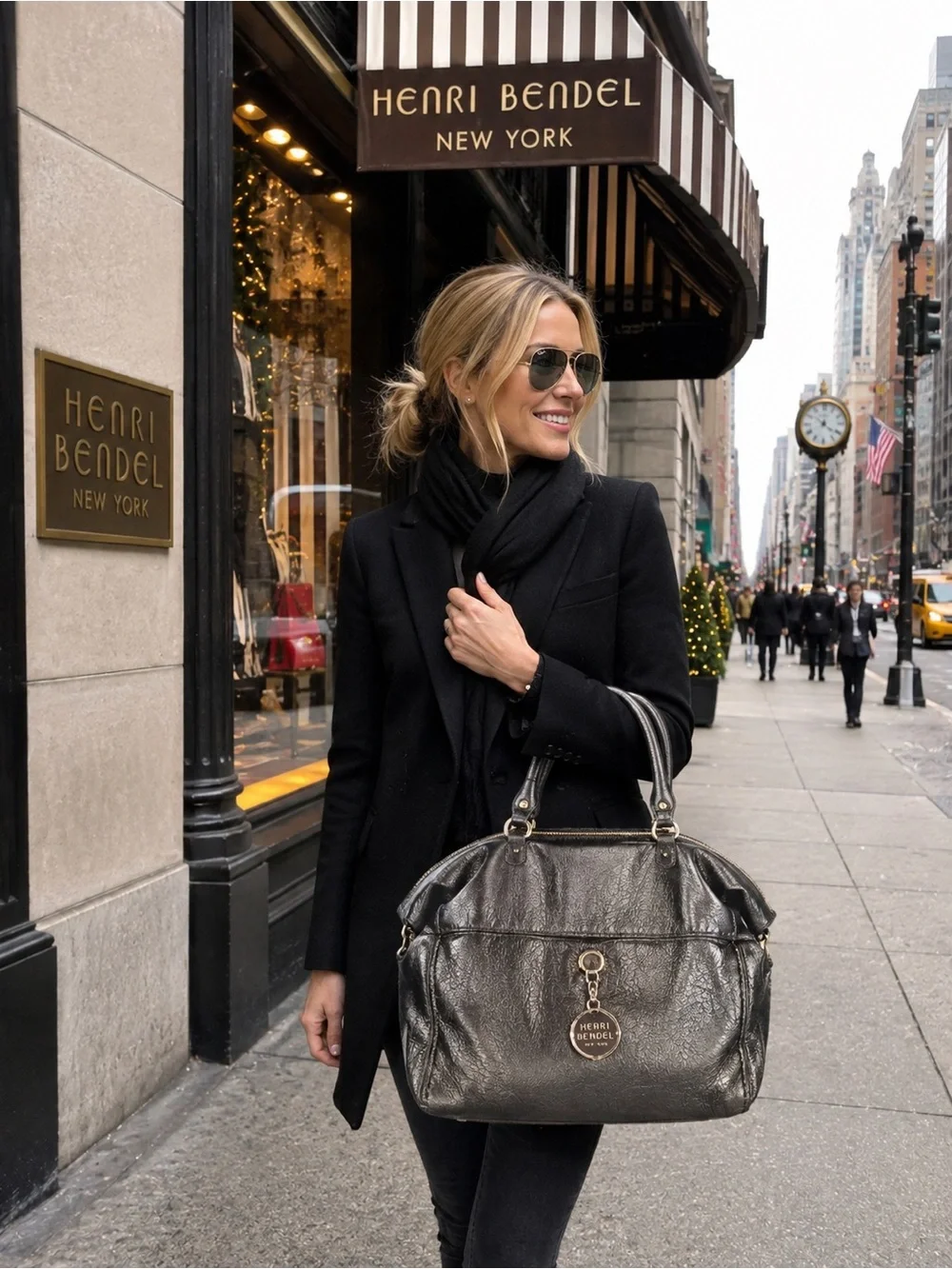 Henri Bendel Metallic Gunmetal Leather Satchel | Navy Satin Lining | Hangtag